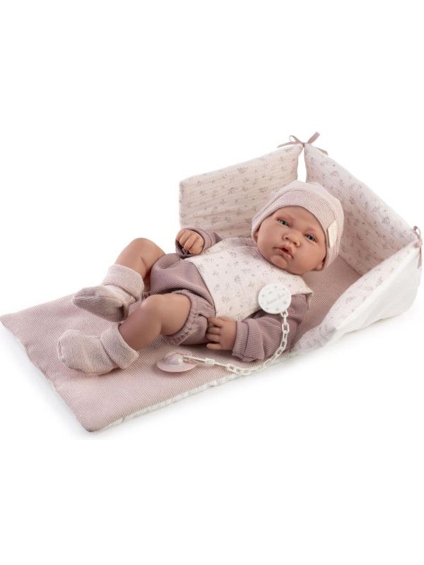 Lalka Lua z pościelą do łóżeczka Antonio Juan 50428 - Dziewczynka, 42 cm, Brzuszek: Winylowy, Kolor oczu: Niebieski