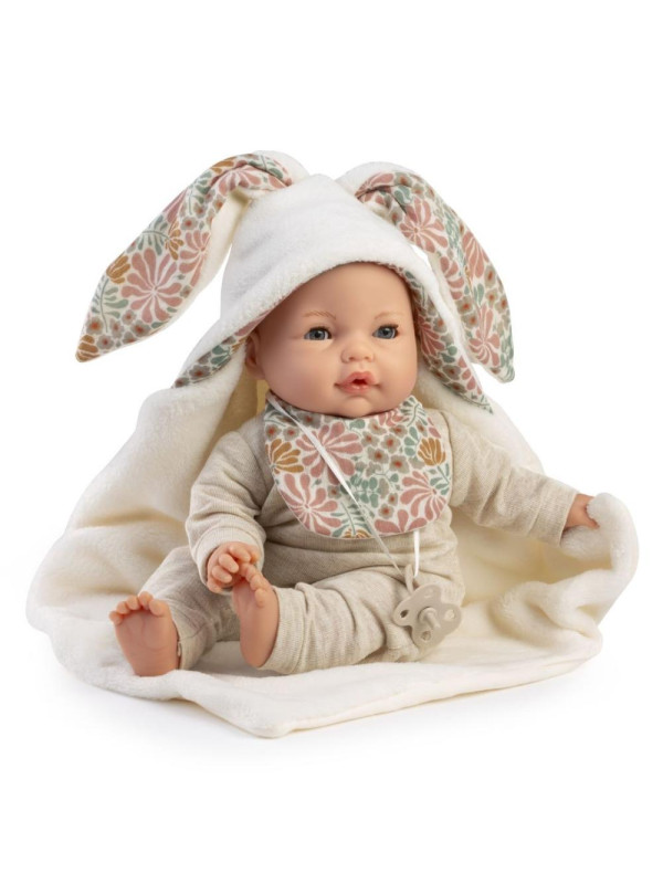 Lalka Bimba płacząca z kocykiem królik Antonio Juan 14366 - 37 cm, Brzuszek: Miękki, Kolor oczu: Niebieski