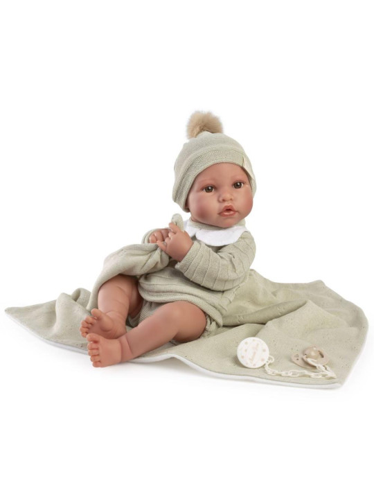 Lalka Erik chłopiec z zielonym kocykiem Antonio Juan 50439 - Chłopiec, 42 cm, Brzuszek: Winylowy, Kolor oczu: Brązowy