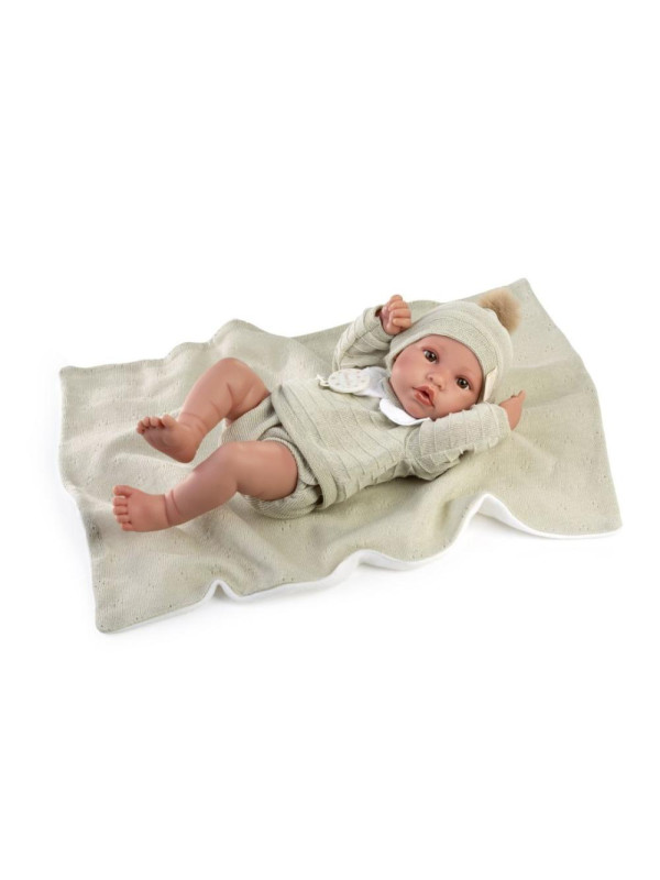 Lalka Erik chłopiec z zielonym kocykiem Antonio Juan 50439 - Chłopiec, 42 cm, Brzuszek: Winylowy, Kolor oczu: Brązowy