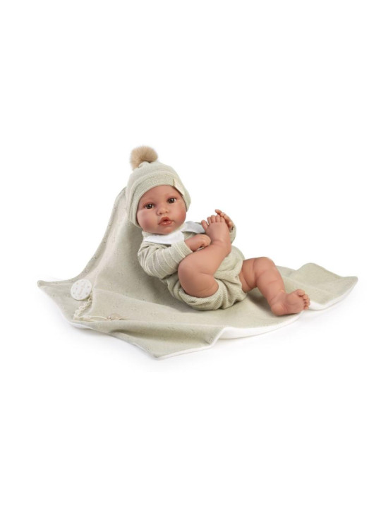 Lalka Erik chłopiec z zielonym kocykiem Antonio Juan 50439 - Chłopiec, 42 cm, Brzuszek: Winylowy, Kolor oczu: Brązowy