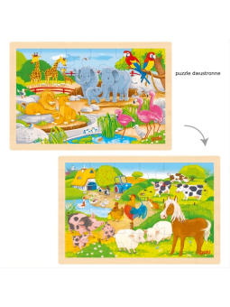 Puzzle drewniane dwustronne zoo/farma Goki