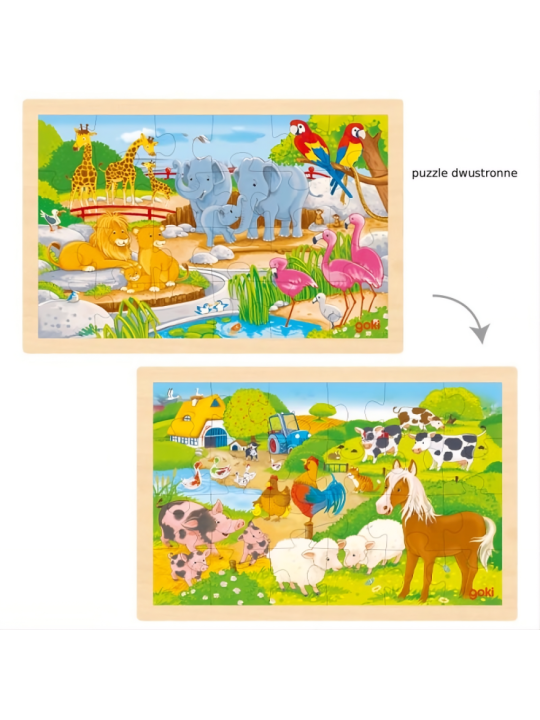 Puzzle drewniane dwustronne zoo/farma Goki