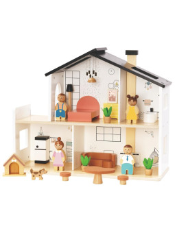 TOOKY TOY Drewniany Domek dla Lalek z Akcesoriami i Rodzinką 20 el.