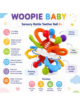 WOOPIE BABY Grzechotka Gryzak Sensoryczny Piłka dla Niemowląt Edukacyjna 0+ Miękka