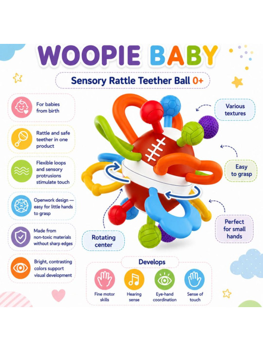 WOOPIE BABY Grzechotka Gryzak Sensoryczny Piłka dla Niemowląt Edukacyjna 0+ Miękka