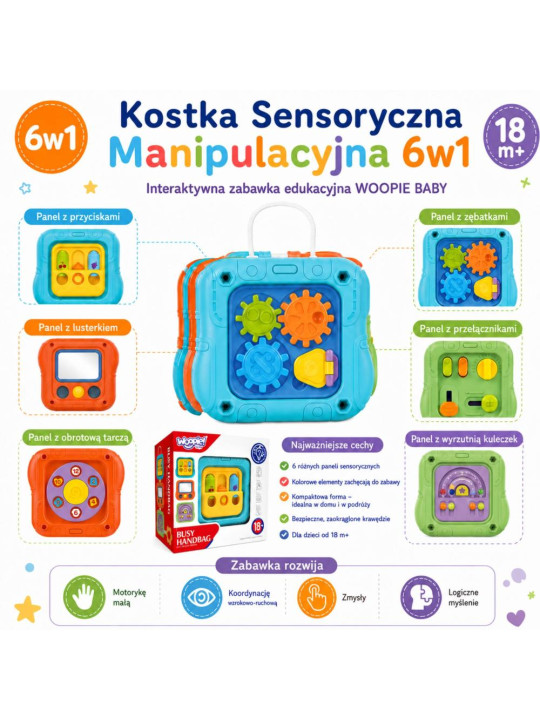 WOOPIE BABY Kostka Sensoryczna Manipulacyjna 6w1 Edukacyjna Zabawka Interaktywna