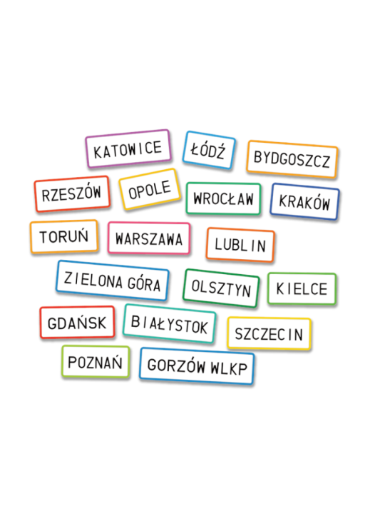 Zestaw rzepy 18 szt. nazwy miast dodatki do mapy Polski