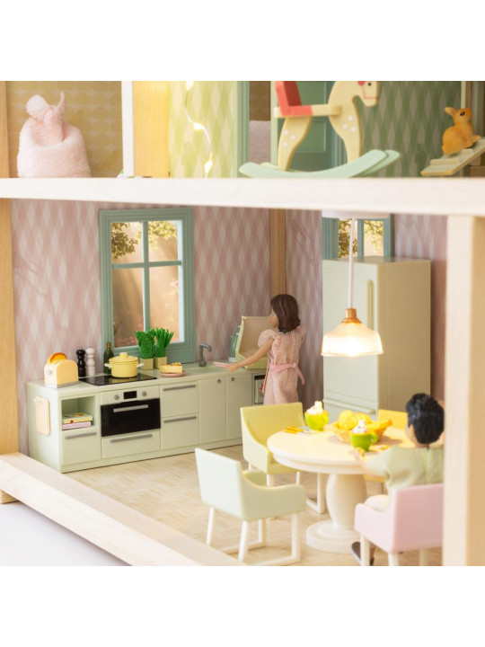 Zestaw mebli kuchennych do domku dla lalek szafki lodówka kuchnia Lundby