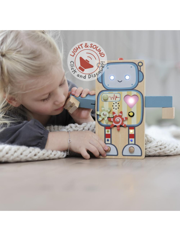 Gigglebot rozwojowa zabawka interaktywna drewniany robot sensoryczny Micki