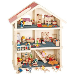 Drewniany domek dla lalek 3 piętrowy goki - drewniany domek, zabaw lalkami, zabawka dla 3 latki, Zabawka dla dziewczynki 