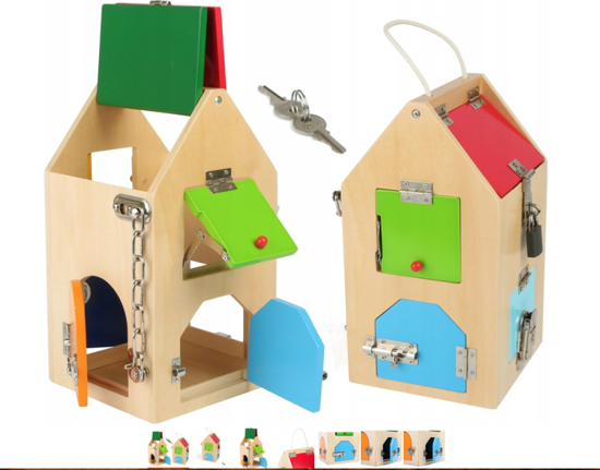 Domek z zamkami - zabawa zręcznościowa dla dzieci small foot design - drewniana zabawka edukacyjna  zabawka dla 3 latka